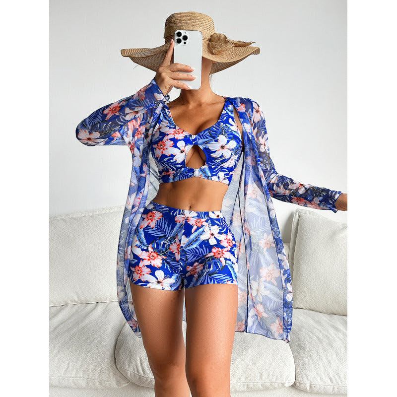 Swimsuit Women Split Long Sleeve Mesh Swimsuit Printed Three Piece Set Bikini Swimsuit