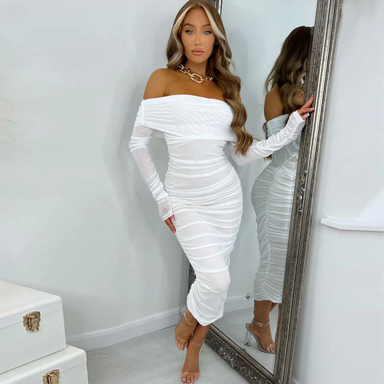 Women Spring Solid Color Sexy Slim Party Long Sleeve off Shoulder Pleated Early Spring Dress