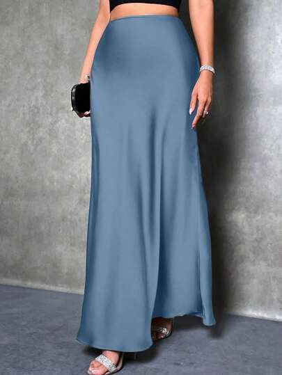 Satin Skirt Autumn Winter Simple A line Long Skirt Women Clothing