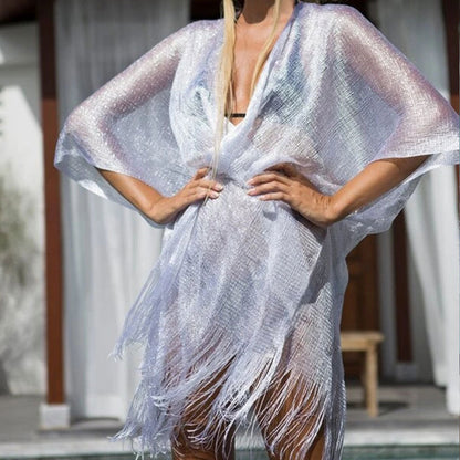 Beach Solid Color Sun Proof Tassel Knitting Beach Cover Up Sweater Shawl Cardigan