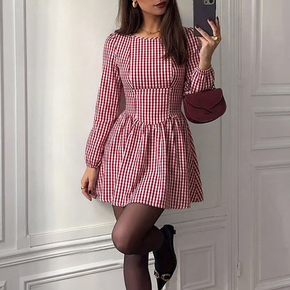 Christmas French Vintage Backless Bow Plaid Dress