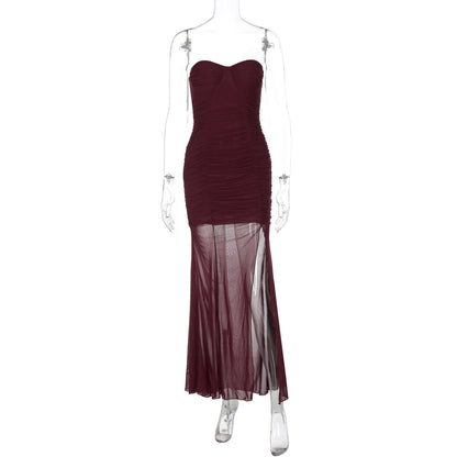 Mesh Stitching Dress Summer Women Clothing Split Sexy Bandeau Slim Fit Women Dress