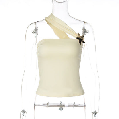 Women Clothing Spring Unique One Shoulder Diagonal Collar Gold Plate Buckle Decoration Tops