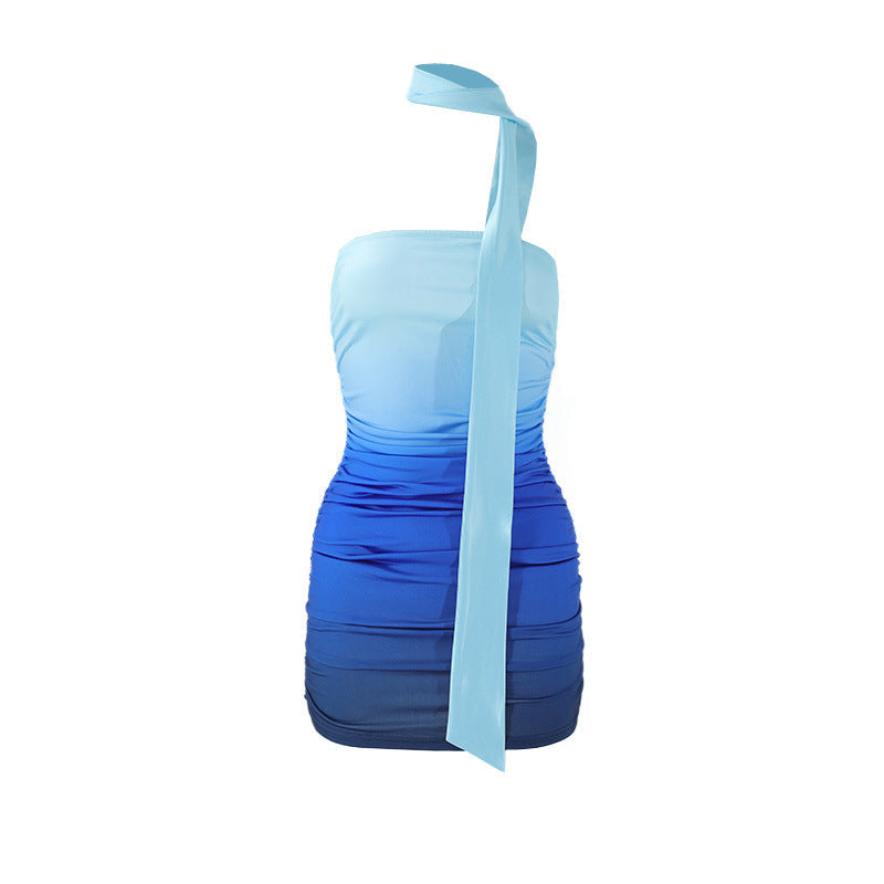 Women Clothing Nightclub Sexy Celebrity Gradient Color Tie Bandeau Slim Fit Short Dress