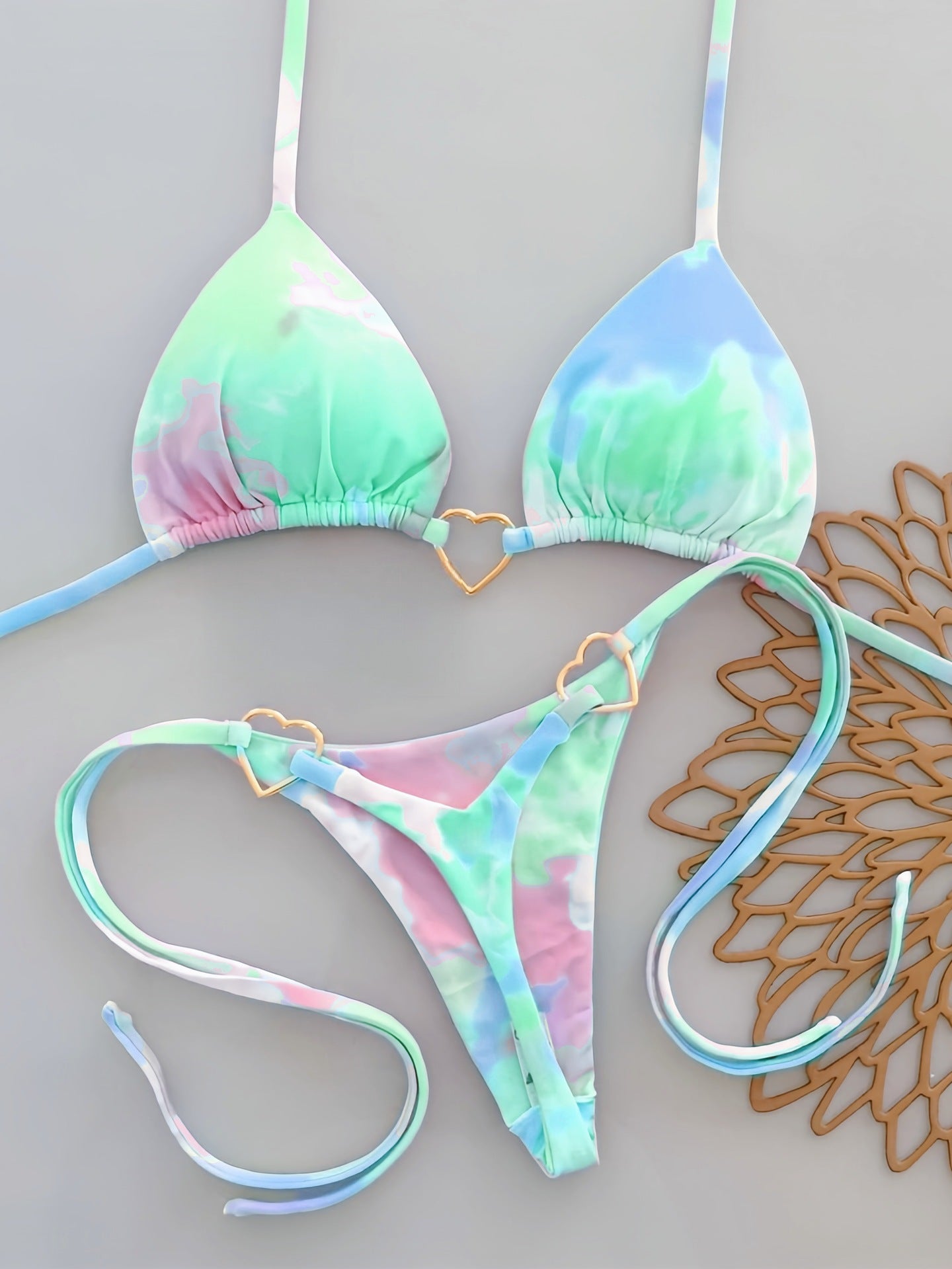 Floral Print Love Accessories Bikini Set Low Waist Lace up Biquini