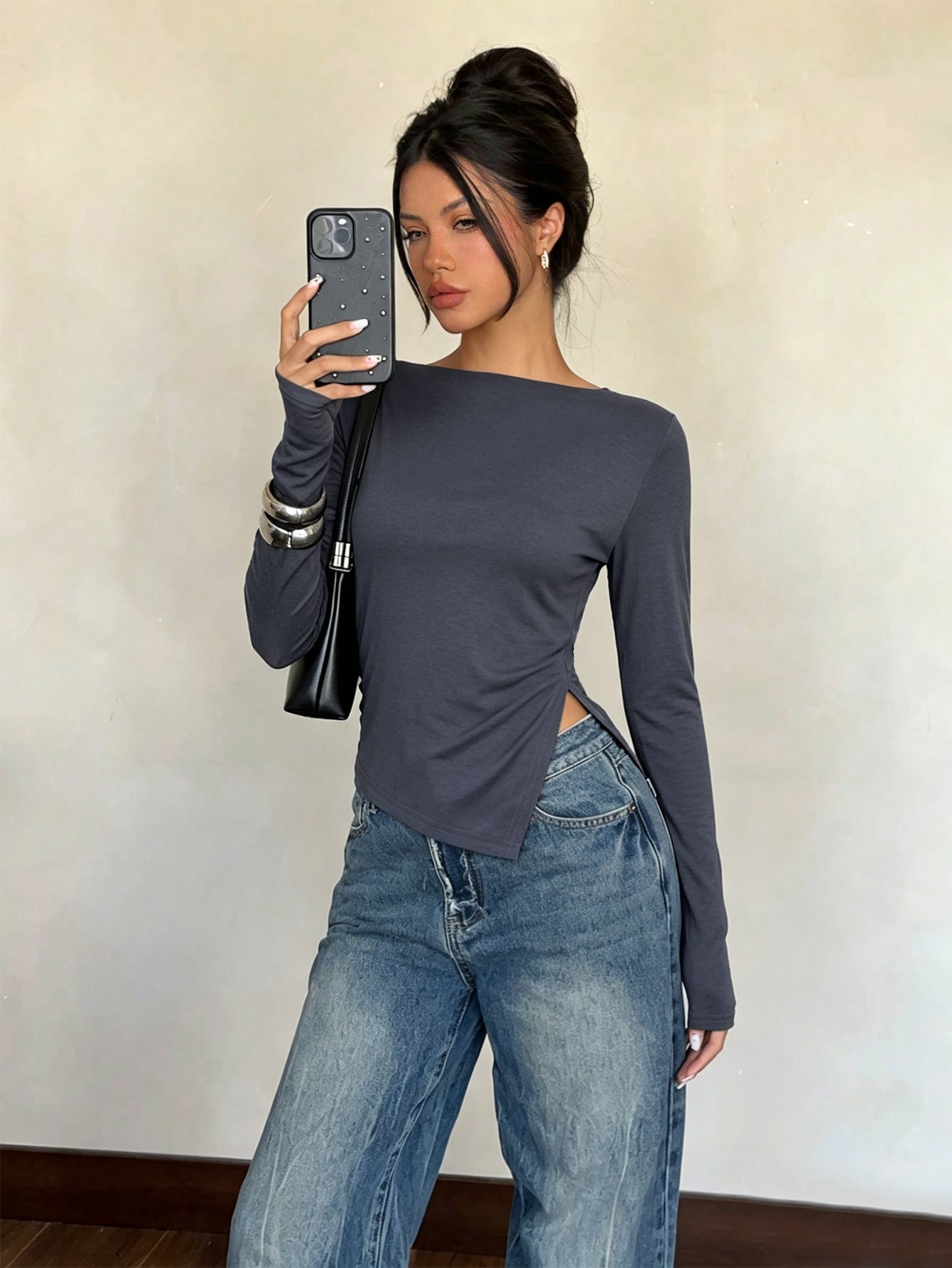 Women Clothing off Shoulder Long Sleeved Top Women Backless Design Waist Slimming Irregular Asymmetric Slit Hemline at Hem T shirt