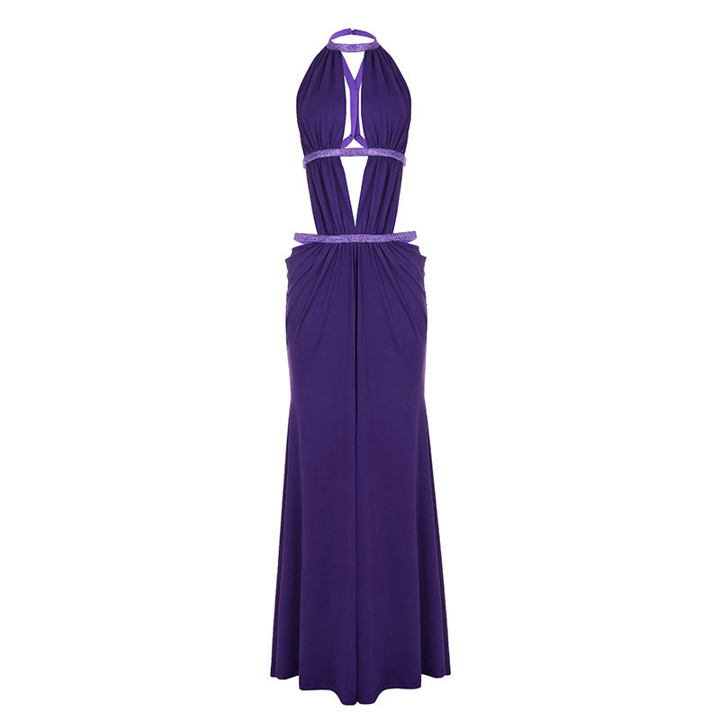 Solid Color Stitching Hollow Out Cutout Backless Sequ Dress Net Women Yarn Vacation Maxi Dress