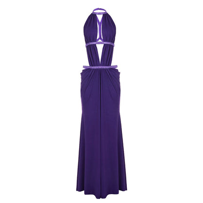 Solid Color Stitching Hollow Out Cutout Backless Sequ Dress Net Women Yarn Vacation Maxi Dress