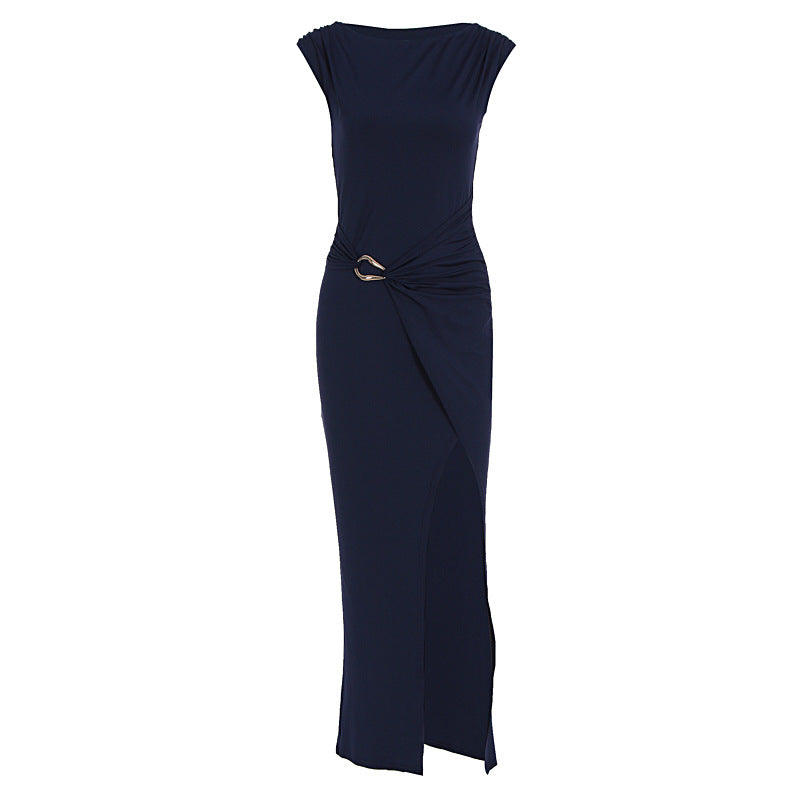 Summer Women Solid Color round Neck Slim Slimming Slit Dress