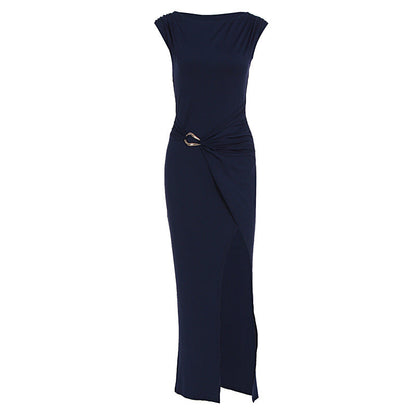 Summer Women Solid Color round Neck Slim Slimming Slit Dress