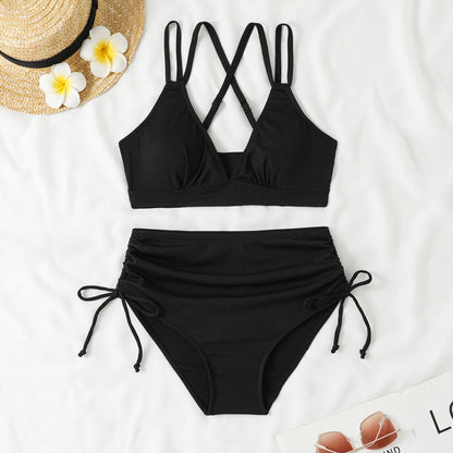 Swimwear Bikini Split High Waist Sunken Stripe Sexy Swimsuit Women Solid Color Split Swimsuit Swimsuit