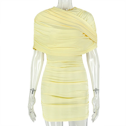 Slimming Solid Color Women Pleated Simple Fashionmonger Hip Dress Shopping Waist Travel Short Dress