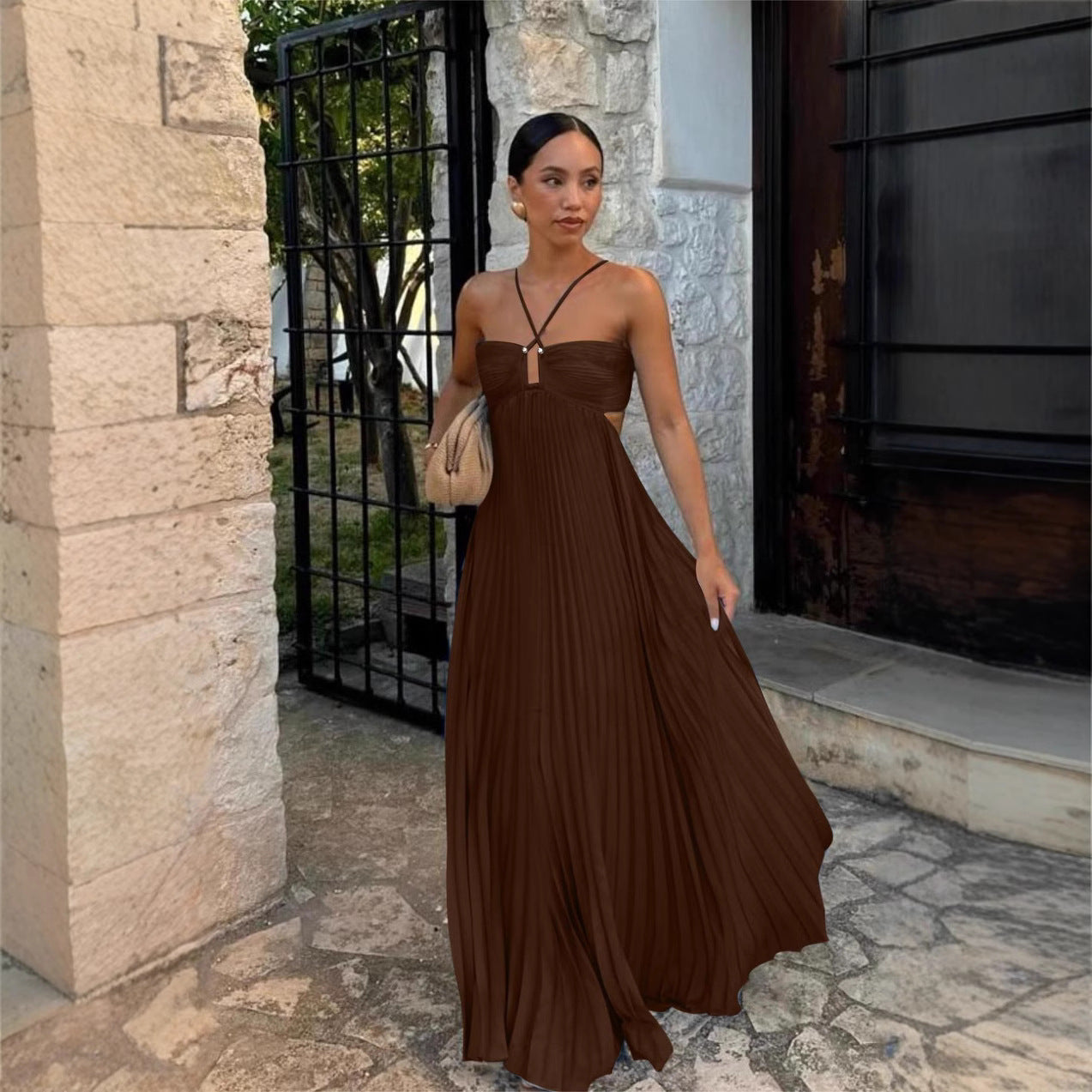 Summer Solid Color Tube Top Pleated Sleeveless Sling Dress