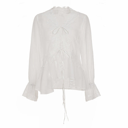 Elegant Pure Lace Chiffon Patchwork Tie Neck Flared Sleeves T shirt Vacation Swing Smock Top
