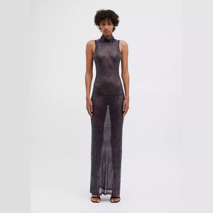 Summer Sexy Sheer Cutout Maxi Dress Mesh Rhinestone Sleeveless Maxi Dress Women