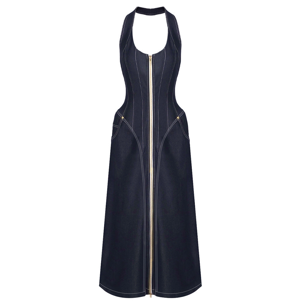 Elegant Solid Color Sleeveless Halter Slim Fit Backless Sheath Dress Denim Summer