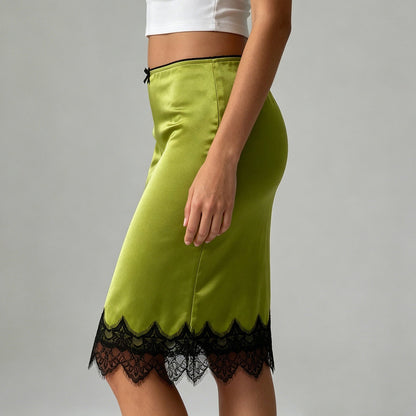 Elegant Graceful Women Satin Skirt Lace Stitching Contrast Color Bow Low Waist Mid Length Hip Skirt for Women