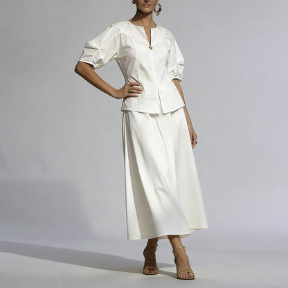 Office Two Piece Sets V neck Heart Shaped Buckle Waist Controlled Top Solid Color Mid Length Skirt Two Piece Sets