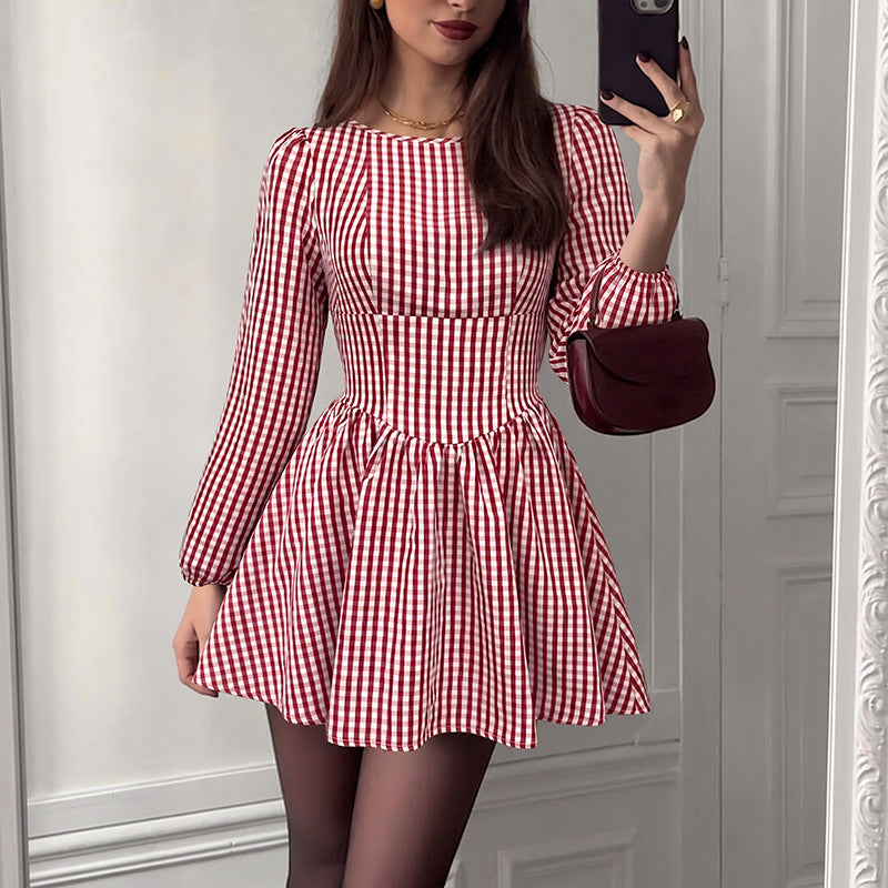 Christmas French Vintage Backless Bow Plaid Dress