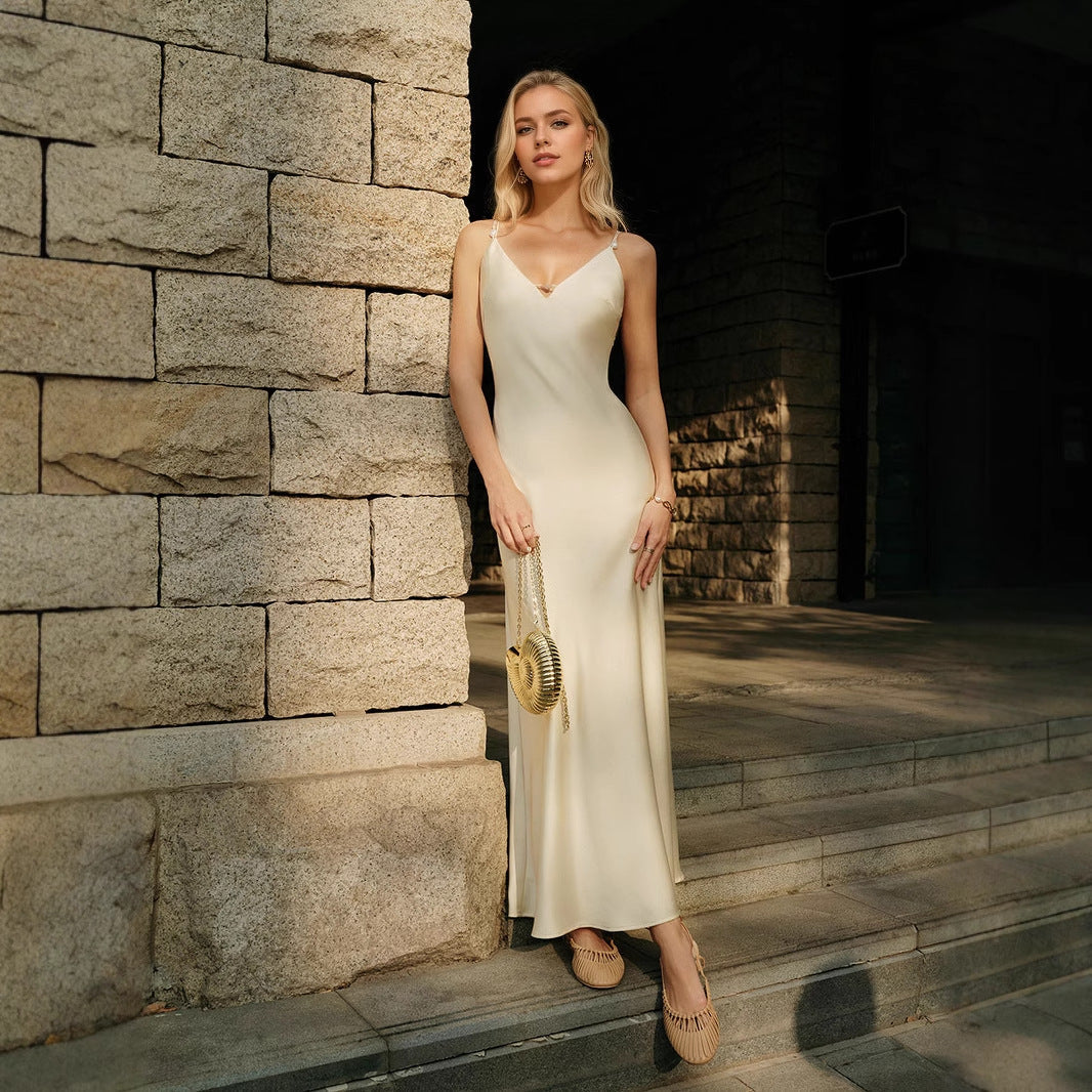 Satin Dress V neck Backless Solid Color Elegant High Grade Dress Cami Dress