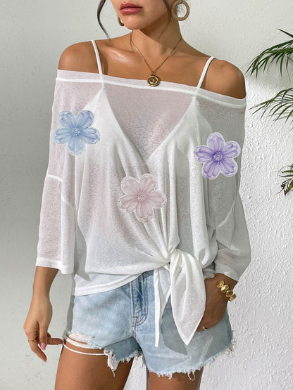 Ladies Overclothes Women Solid Color Thin Top Bandage Bow Loose off Shoulder Beach Bikini Cover up