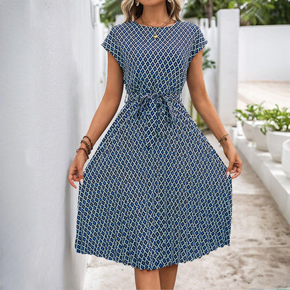 Dress Lace up Flying Sleeves Printed round Neck Dress