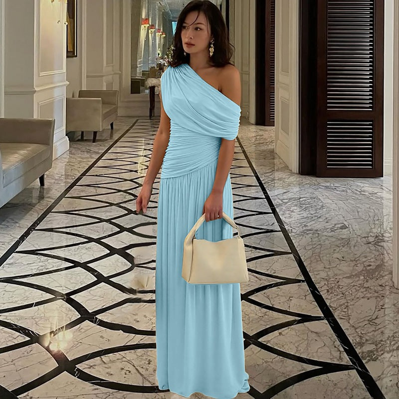 Women Clothing Spring Arrival Fashionable Sexy Diagonal Collar Pleated Asymmetrical Solid Color Dress