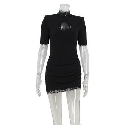 Slim Lace Stitching Hollow Out Cutout Thin Sexy Party Hip Bag Dress Women