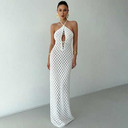 Summer Sexy Cutout Knitted Beach Skirt Bikini Swimsuit Solid Color Dress Women