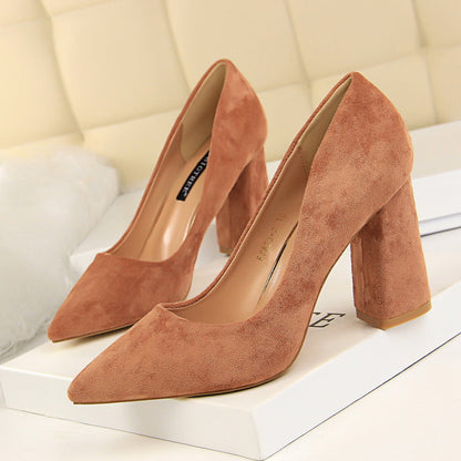 Simple Thick Heel High Heel Suede Shallow Mouth Pointed Toe Business Office Skinny Women Shoes High Heels Pumps