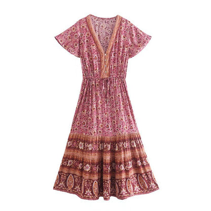 Women Clothing Summer Rayon Positioning Printed Dress V-neck Lace-up Vacation Dress Bohemian