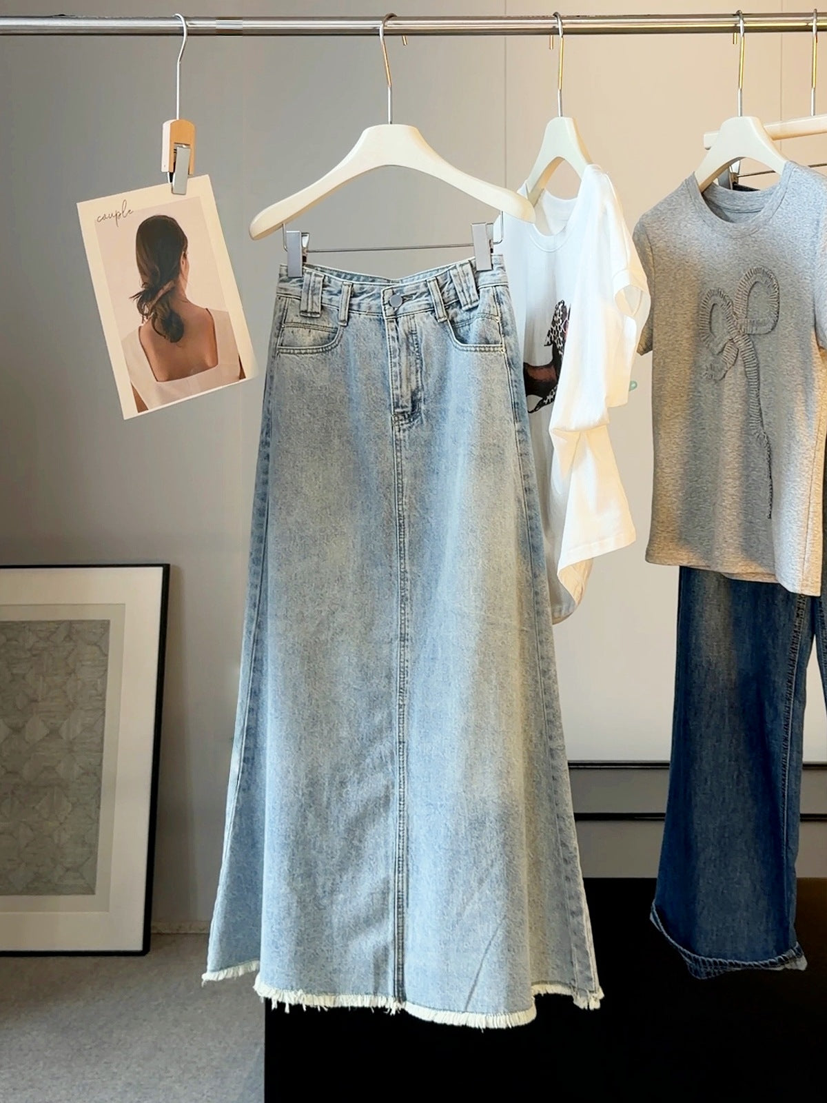 Light Blue Rough Edges Denim Skirt Women Summer Retro High Waist Slimming Sheath Mid-Length A line Fishtail Skirt