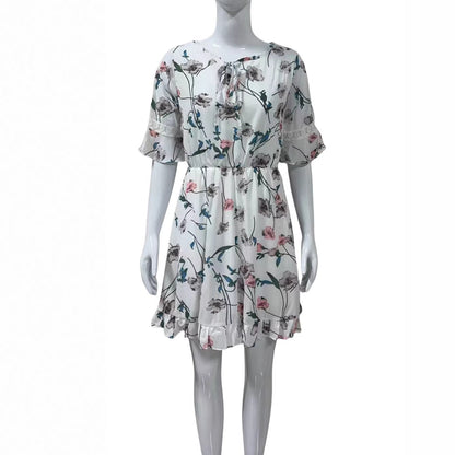 V neck Lace up Floral Dress Women Clothing Summer Clothes Design Short Sleeve Chiffon A line Dress