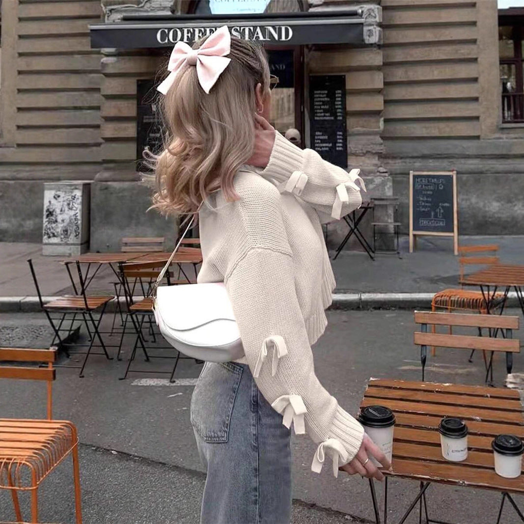 Women Clothing Autumn Winter Simple Bow Sleeve Short Loose Pullover