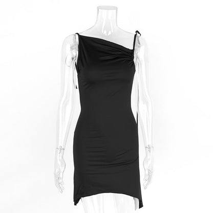Women Clothing Summer Sexy Backless Irregular Asymmetric Pleated Straps Diagonal Collar Dress