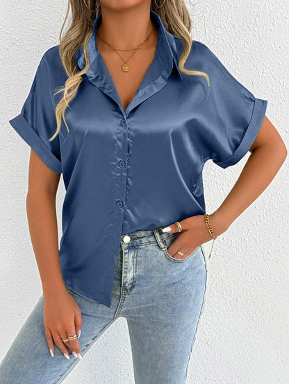 Women Clothes Summer Blue Color Satin Shirt Women Satin Shirt