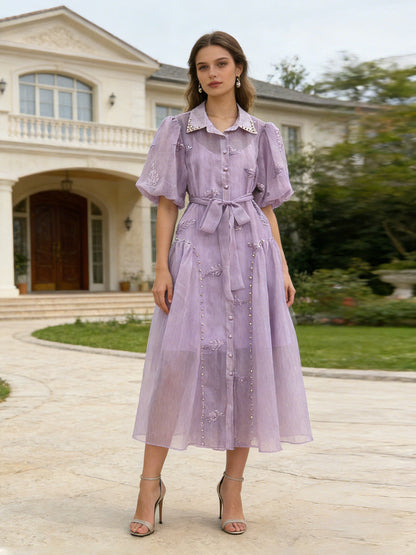 Spring Puff Sleeve Solid Color Waist Tight Collared Patchwork Maxi Dress Two Piece Elegant Dress for Women