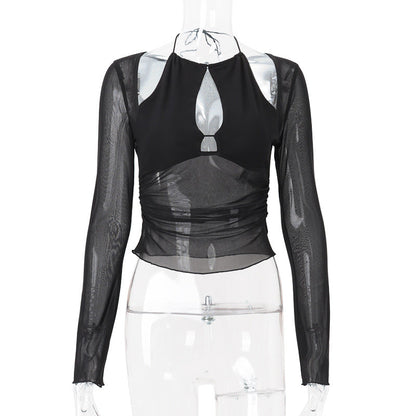 Summer Women Mesh Stitching Hollow Out Cutout Irregular Asymmetric Slim Fit Slimming Long Sleeve Top