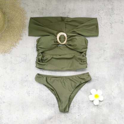 Solid Color Tube Top Sexy off the Shoulder Split Swimsuit Women Bikini Skirt Set