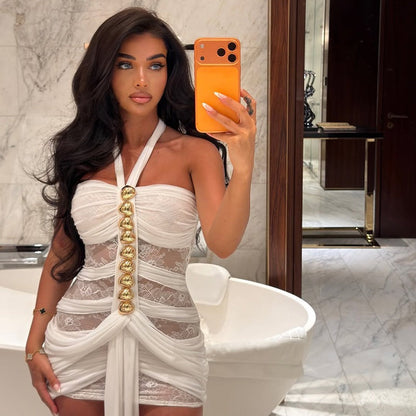 Summer Women Lace Sexy See through Ribbon Halter Dress