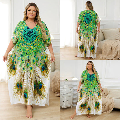 Rayon Positioning Print Holiday Loose Robe Beach Jacket Dress Bikini Cover up Blouse