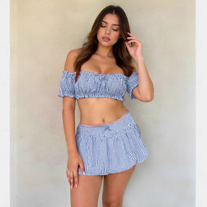 Women Clothing Summer Plaid Sexy Bow Tube Top Sexy Short Skirt Two Piece Sets