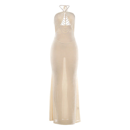 Summer Women Clothing Sexy Halter Backless Pearl Decorative Sexy Cropped Sheath Dress