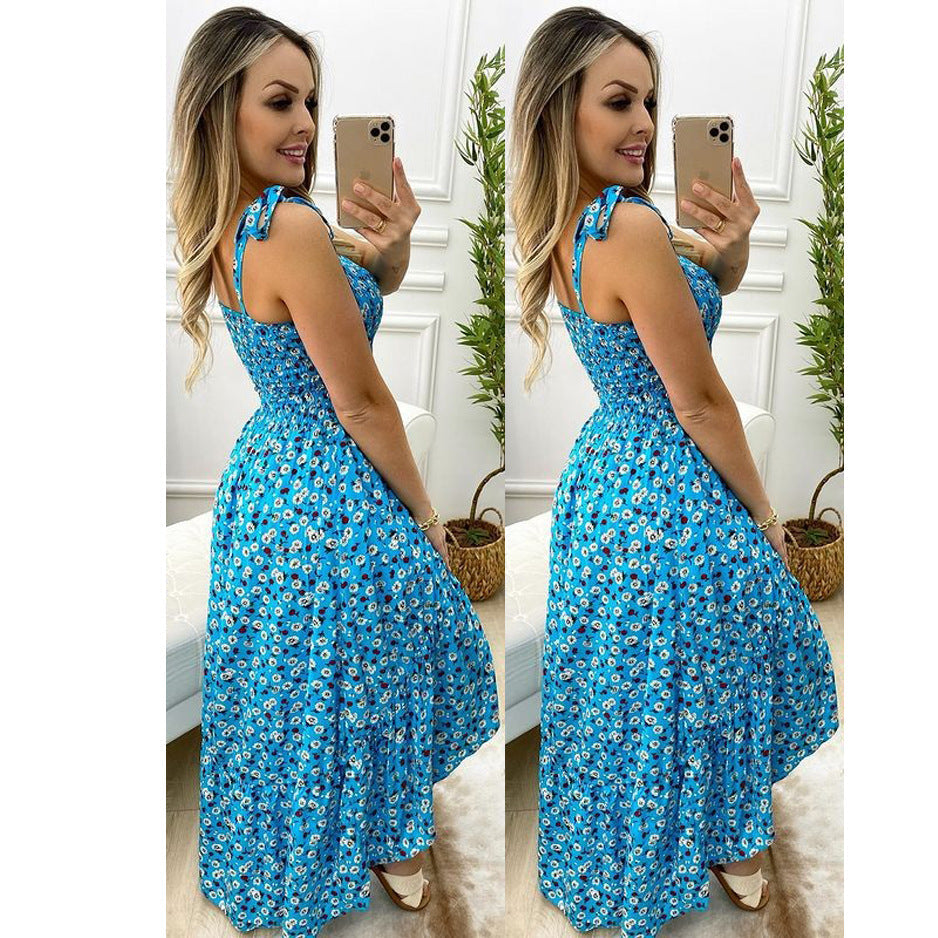 Spring Summer Pleated Strap Floral Dress Home Loose Lace up Large Swing