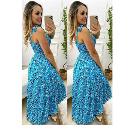 Spring Summer Pleated Strap Floral Dress Home Loose Lace up Large Swing