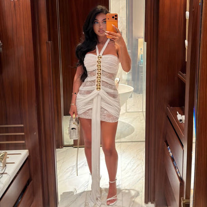 Summer Women Lace Sexy See through Ribbon Halter Dress