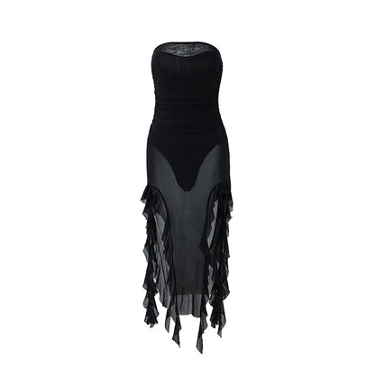 Women Clothing Summer Sexy Tube Top See through Korean Net Stitching Jellyfish Lace Dress