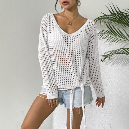 Women V neck Top Hollow Out Cutout-out Sun Protective Blouse Lace up Bow Long Sleeve Pullover Shirt Idle Loose Sweater