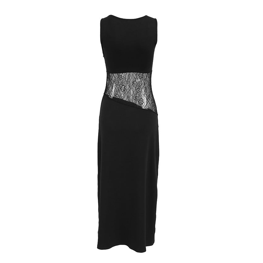 Summer Elegant Low Waist Lace Knitted See through Waist Baring Slim Fit Sleeveless Dress for Women