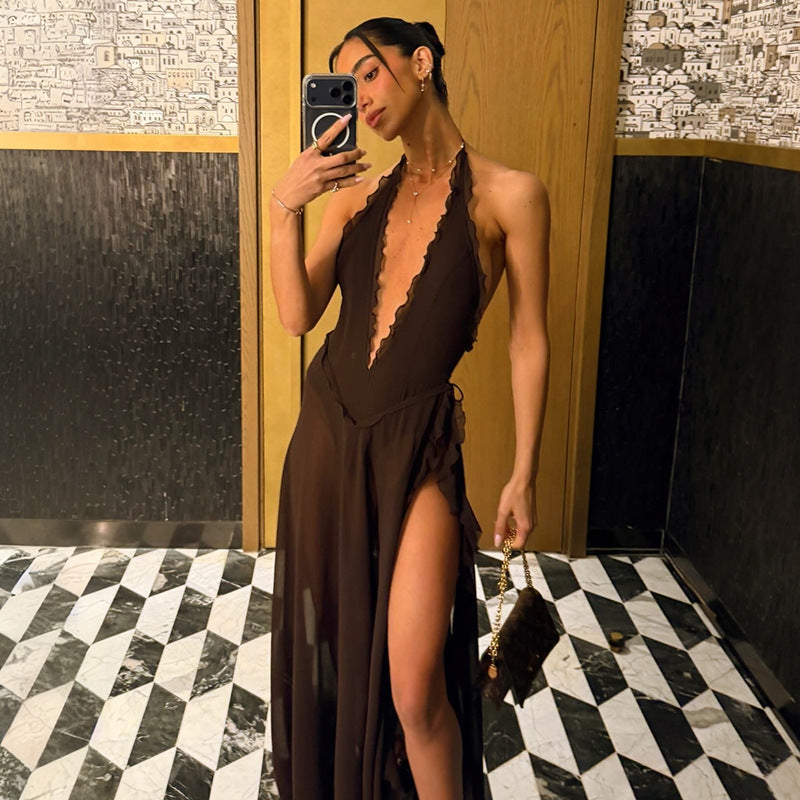 Sexy Low Collar High Slit Halter Lace Dress